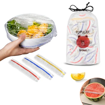 100 бр. Цветни еднократна употреба капак за хранене, еластична пластмасова опаковка, чанта от хранително-вкусовата полиетиленово фолио за запазване на свежестта, удебелена за еднократна употреба капак за чаши