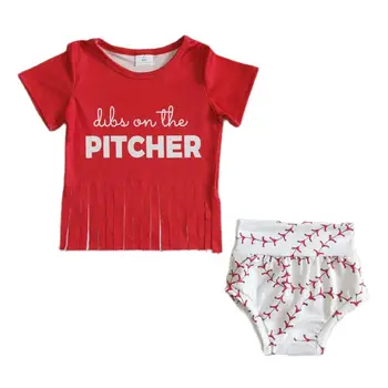 2 бр., детски дрехи, бейзболен комплект с питчером, червен топ с пискюли и писмото принтом, висококачествени пижама с къс ръкав