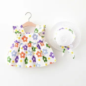 2 бр./компл., лятна рокля за малки момичета, детски дрехи с флорални принтом и шапка-лък, комплект дрехи за деца, дрехи за новородени