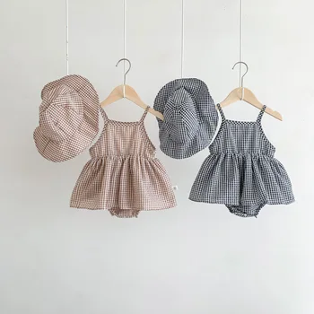 2023 Лятна рокля-боди прашка за малки момичета + шапка, 2 броя, дрехи за новородени, памучно клетчатое рокля без ръкави за малки момичета, гащеризон