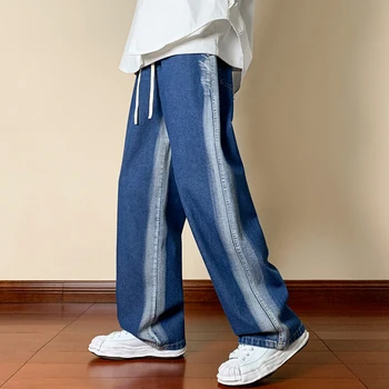 2023 Нови мъжки странични градиентные дънки с дължина до пода преки свободни панталони корейски, намаляване контрастен цвят ежедневните дънки Y2k