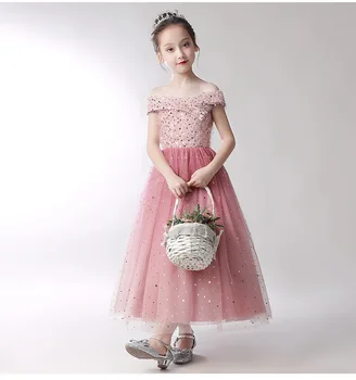 2023 ново детско рокля с цветя модел за момичета, пушистое сетчатое принцеса рокля за момичета, лятна рокля за изпълнения на пиано с диаманти