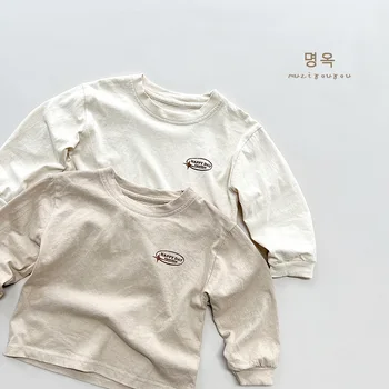 2023 Пролет-есен Детски памучен бельо тениска за момчета и момичета, блузи с дълги ръкави и писмото принтом, уникална ежедневни долна риза