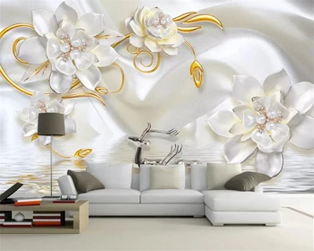 beibehang тапети 3D триизмерна луксозен коприна с отпечатан, бижута от перли, цветя, изчистен фон, стенни хартия, стенопис