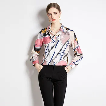 blusas mujer de moda 2022, Пролет-Есен, Реколта Ризи с Абстрактно Принтом и дълъг ръкав, Блузи, Ежедневни roupas femininas