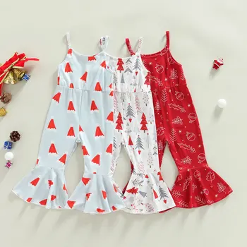 Citgeett/ Годишен Коледен детски гащеризон за малки момичета, гащеризон спагети презрамки и без ръкави, Коледно облекло с анимационни принтом