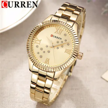 CURREN Модерни дамски часовници са Най-добрата марка на луксозни Дамски ръчни часовници за момичета Златна гривна от неръждаема стомана Класически дамски часовник Подарък 9009