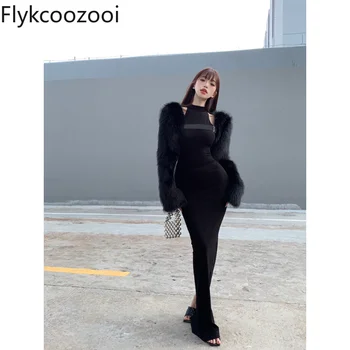 Flykcoozooi/ секси комплекти рокли на бретелях без ръкави, обикновена прилепнали рокли-ризи, свободни ежедневни изолирана палта, зимни дамски дрехи 2023 г.
