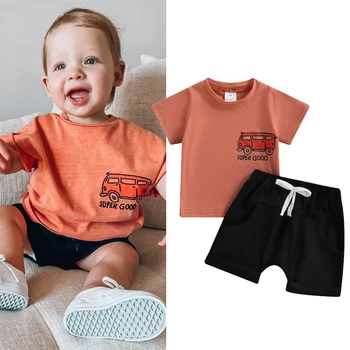 FOCUSNORM 0-24 м Летни всекидневни комплекти дрехи за малки момчета, 2 бр. тениски с къс ръкав и принтом на колата и с анимационни герои + обикновена ластични шорти