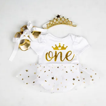 FOCUSNORM/ комплекти дрехи за рожден ден за малки Момичета 0-18 м, нето гащеризон с писмото принтом, рокля + Превръзка на главата под формата на Короната + Златни обувки