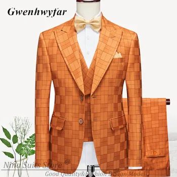 G & N комплект от 3 теми, мъжки костюми с оранжеви клетчатым дизайн, новост пролетта 2023, Блейзър с ревера на две копчета, Двубортный жилетка, ежедневни панталони