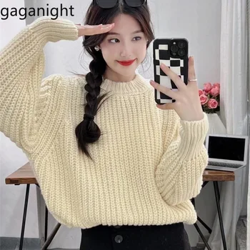 Gaganight Женски монофонични вязаный пуловер с кръгло деколте, есен-зима 2023, корейски темперамент, без пуловер, просто тънък топ, жена