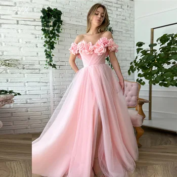 LSYX Розови тюлевые сватбени рокли за партита с открити рамене 2023, Апликация във формата на цветя, трапециевидное вечерна рокля за абитуриентски бал без ръкави, с дължина до пода