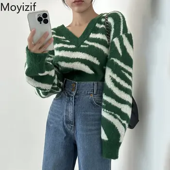 Moyizif, пуловер, дамски пуловер, шарени вязаный пуловер в ретро стил с V-образно деколте, свободни корейски модерен зимни блузи, дамски дрехи