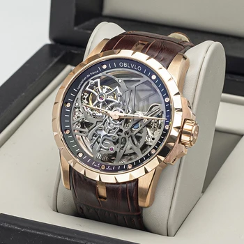 OBLVLO висок клас марка, ежедневни мъжки механични часовници, розово злато, автоматични часовници с виртуален скелет в стил steampunk, водоустойчиви часовници от естествена кожа