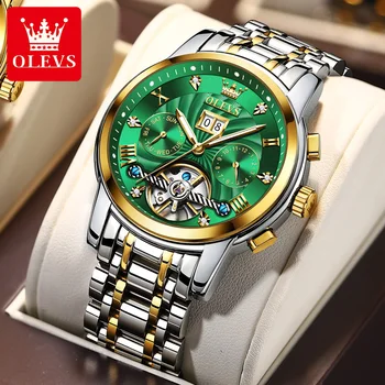 OLEVS 9910 Водоустойчив автоматични механични часовници за мъже с каишка от неръждаема стомана, бизнес мултифункционален мъжки часовник
