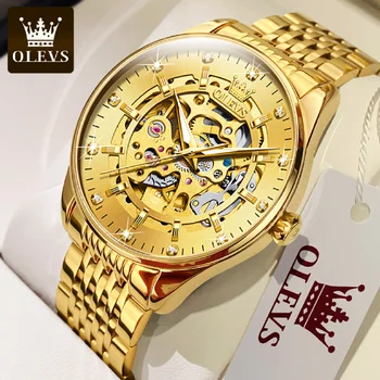 OLEVS Мъжки Часовник Разкошен Златен Скелет Автоматични Механични Ръчни Часовници за Мъже, Водоустойчиви От Неръждаема Стомана Светлинен Бизнес