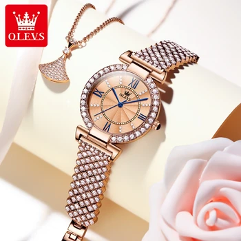 OLEVS Нови модни дамски часовник с водоустойчив каишка от розово злато със стоманена каишка, дамски луксозни диамантени елегантни дамски ръчни часовници 2023