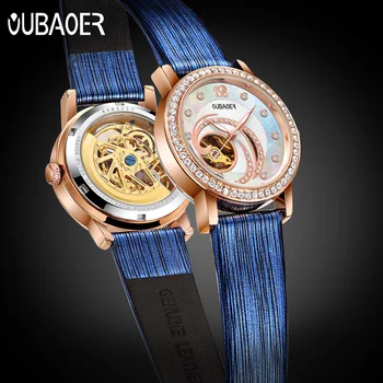 OUBAOER Дамски часовници с диаманти, най-добрата марка за луксозни сини прости часовници с виртуален скелет, прозрачен корпус, автоматични механични часовници