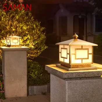 SAMAN Открит класически Месинг градински пейзаж лампа Прост полюс двор Водоустойчива IP65 ретро led лампа за вътрешния двор