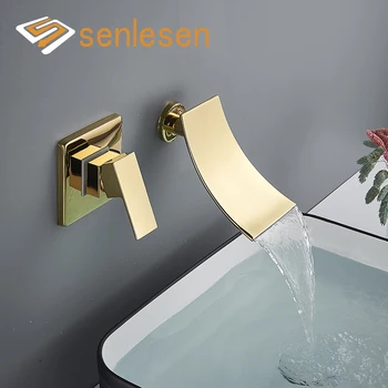 Senlesen Скрит смесител за мивка в банята в скандинавски стил с водопадным изливом, с една дръжка, стенен смесител за топла и студена вода