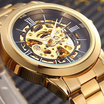 SHENHUA луксозна марка Златни автоматични часовници с виртуален скелет, мъжки часовник с каишка от неръждаема стомана, мъжки механични часовници Relogio Masculino