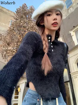 Woherb Елегантен мек обикновен пуловер на копчета, Женски пролетно-зимните пуловери с полувысоким яка, шик корейски жилетка с дълъг ръкав