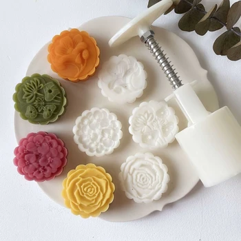 XX9B Форми за лунната торта от пластмаса, печати за лунната торта, форми за печене във формата на цветя, сладкарница инструмент, 2 размера за празник средата на есента