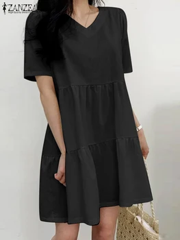 ZANZEA Дамска лятна рокля с V-образно деколте, ежедневни свободни обикновена мини-рокли, Мода 2023, празничен сарафан с къс ръкав, Халати голям размер