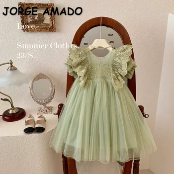 Бебешка рокля на принцеса зелен цвят в корейски стил, детско празнична рокля с кружевными ръкави-фенерчета от перлената окото, подходящо за лятото E23344