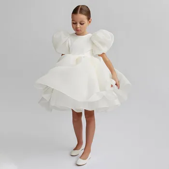 Бели рокли с цветя модел за момичета на сватба, елегантно детско празнично рокля за парти в чест на рождения ден, детски костюм за причастие с пищни ръкави
