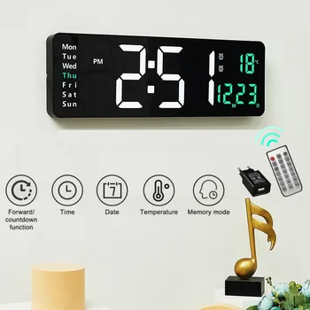 Големи Електронни стенни часовници Temp Date С дистанционно управление с выключением хранене с памет за Настолни часовници-Стенни Двоен будилник Digita