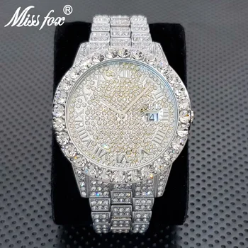 Горещи луксозни часовници от муассанита за мъже, модни кварцов ръчен часовник от неръждаема стомана водоустойчив часовник в стил хип-хоп рапър, топли