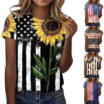 Дамски блузи на Ден на независимостта с принтом хартата на САЩ под формата на слънчоглед, тениски с къс ръкав и кръгло деколте, тениски, дамски ежедневни свободна градинска облекло