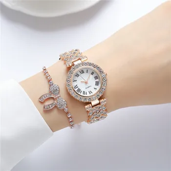 Дамски кварцов часовник с метална верига, модни римски цифри, инкрустирани с кристали, дамски луксозни ръчни часовници
