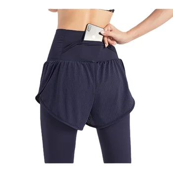 Дамски панталони за йога 2 в 1, фалшиви спортни панталони-двойка с висока талия за бягане с джоб, бързо съхнещи гамаши за фитнес