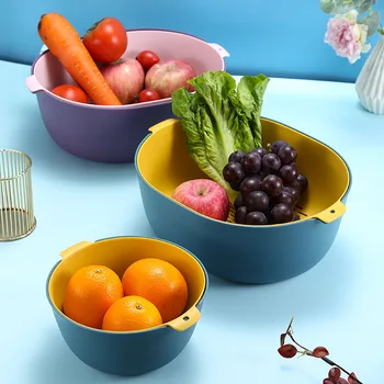 Двуслойни пластмасова мивка за зеленчуци, богат на функции кошница за плодове, Кошница за източване на кухненски аксесоари