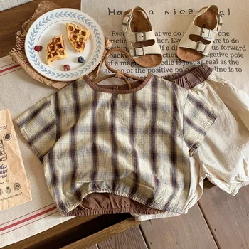 Детска риза от мек фин памук с писмото принтом, къс ръкав, О-образно деколте, свободна, удобна, ежедневна мода за деца
