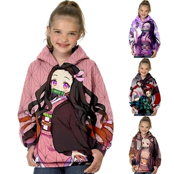 Детски блузи с дълъг ръкав Demon Slayer, пуловер за момичета, Унисекс, топла детски дрехи с качулка в стил аниме, върхове с анимационни герои 2023, Нови постъпления