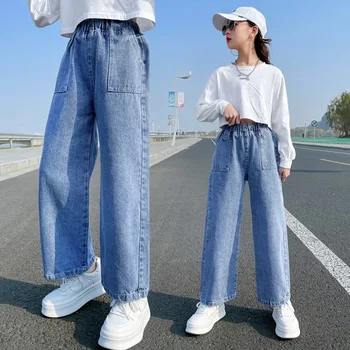 Детски дънки за момичета, разкроена дънки, ежедневни дънкови панталони за момичета, пролет-есен облекло, корейски модни панталони 6, 8, 10, 12, 14 години