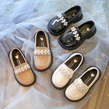 Детски обувки от изкуствена кожа, пролет-есен, модни обувки с перли за момичета, ежедневни обувки на принцесата на равна подметка, мека лоферы, лесни детски Черно, бежово