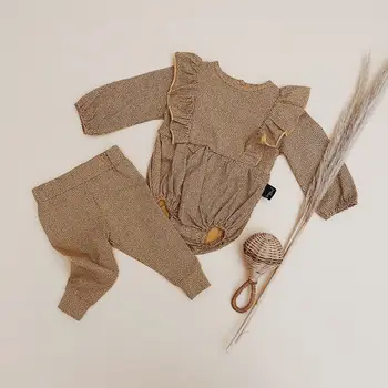 Детски сладък гащеризон от 2 теми, комплект дрехи с принтом в грах, гащеризон с дълги ръкави и набори за малки момичета + дълги панталони с еластичен ластик на талията