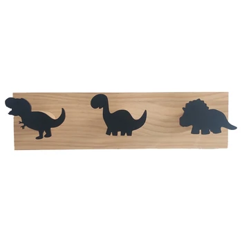 Детски стенен куки с динозаври, дървена рамка, която да закачалка за момчета, декорация за детска стая -Черен