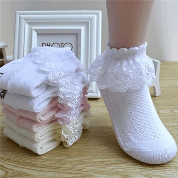 Дишащи памучни мрежести чорапи принцеса с кружевными накъдрен, детски къси чорапи от щиколотку, бели, розови, жълти,, за Момиченца,, За Деца
