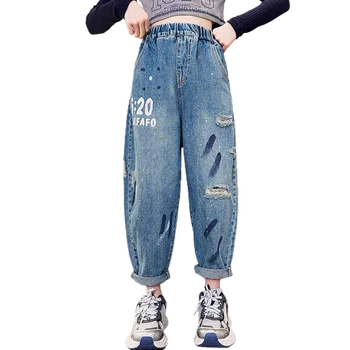Дънкови панталони с прави дупки за малки момичета, корейски стил, пролет 2023, всекидневни, детски свободни панталони с букви, дънки с еластична лента, панталони