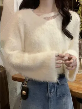 Есенно-зимния мохеровый кратък пуловер, женски Нов корейски шик отгоре с V-образно деколте, трико с дълъг ръкав, Дамски връхни дрехи, ежедневни Harajuku