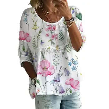 Жена годишният топ, елегантна лятна блуза с кръгло деколте, плиссированная лятна блуза, лятна тениска с кръгло деколте, дамски дрехи