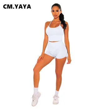 Жена комплект CM.YAYA, обикновена съкратен върхове с кръгло деколте и бретельками, шорти на райета, два комплекта от по 2 теми, спортен костюм за активна почивка, летни тоалети 2021