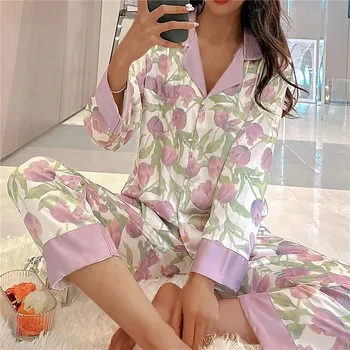 Жена пижамный комплект с V-образно деколте, луксозен дизайн с преминаването принтом, сладка пижама, коприна домашно облекло, спално облекло голям размер