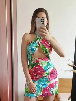 Жена секси рокля-риза с отворен гръб и принтом, дамски шик, елегантни плажни рокли на спагети презрамки 2022, годишен женски моден клуб мини-хавлия